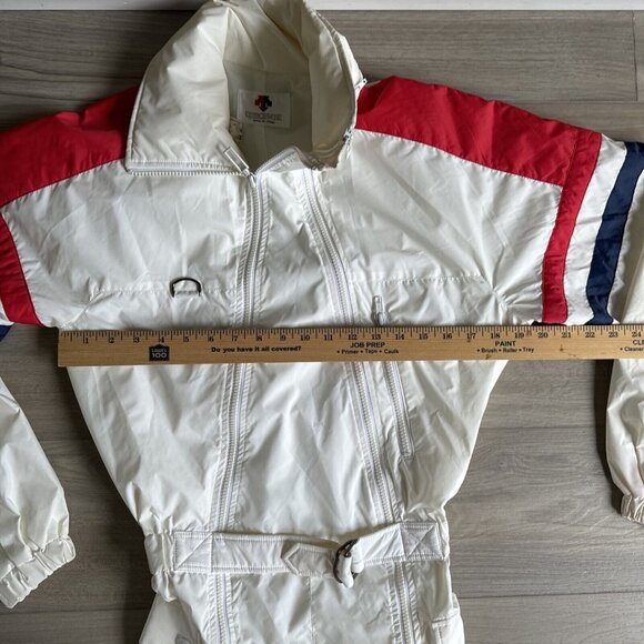 Vintage Descente One Piece Shell Snow Ski Suit Women's Sz M Cream Red‎ Blue New - Picture 5 of 14